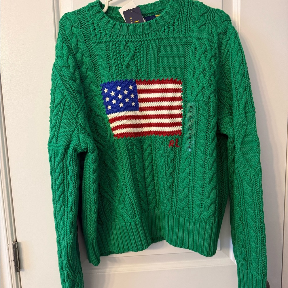 Ralph Lauren Green Knit Sweater with Flag Design